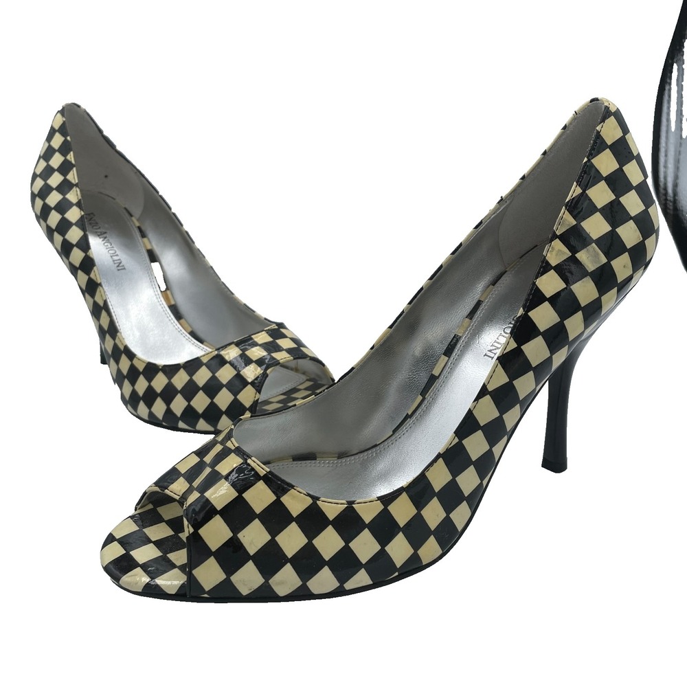 Enzo Angiolini Womens US 9 M Pumps Black Beige Checkered Leather Stiletto Heels